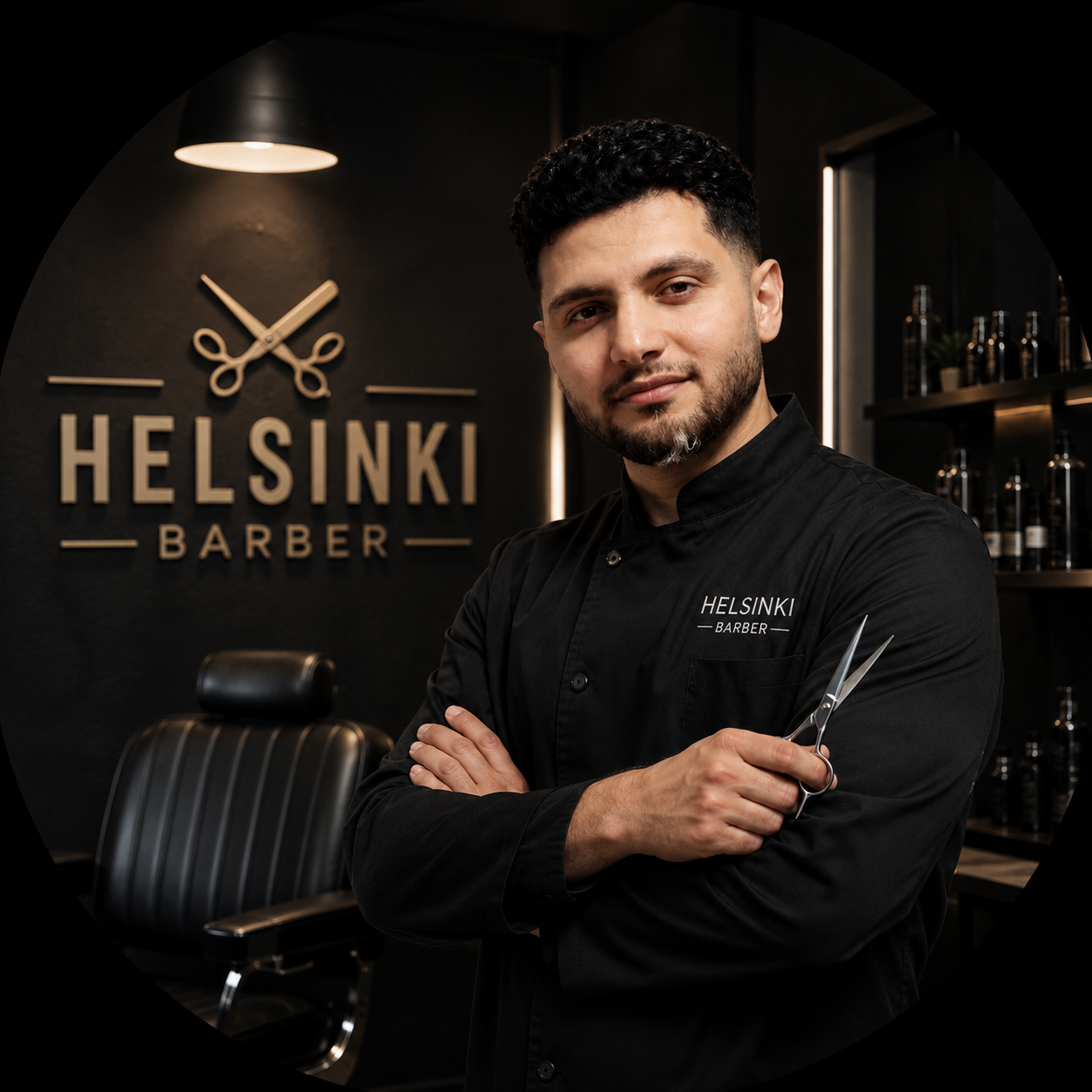 Essa Al-Aini, founder of Helsinki Barber, in the shop