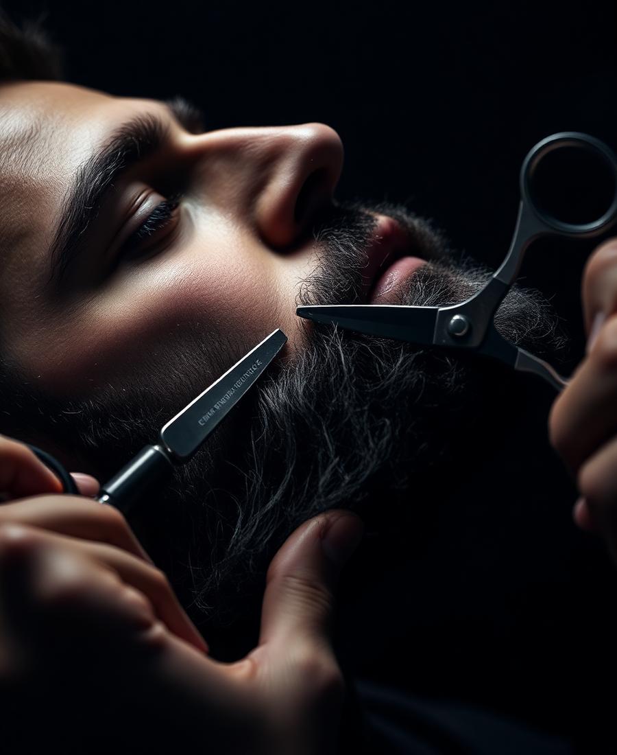 Barber shaping a full beard with scissors