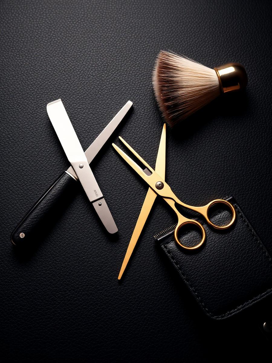 Premium barbering tools on black leather